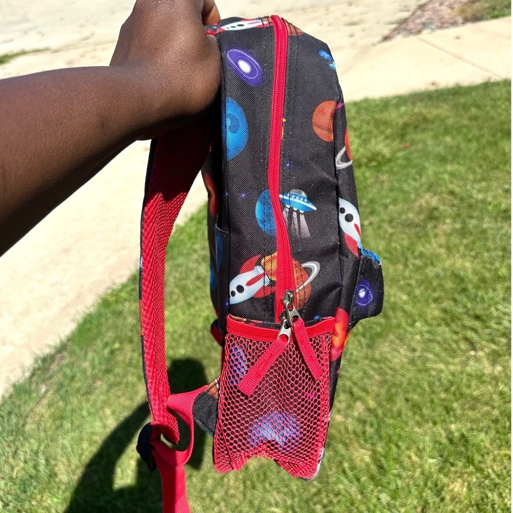 Solar System Space Rockets Planets Little Kids School Bag Backpack Black Red